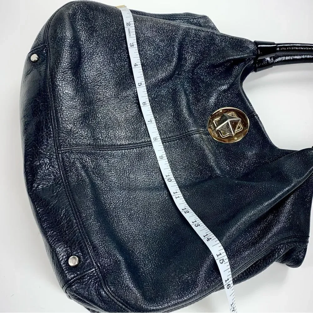 Kate Spade black leather shoulder bag w/ patent straps & gold twist clasp